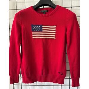 VTG Ralph Lauren American Flag Logo Sweater Red White Blue Retro Classic Small